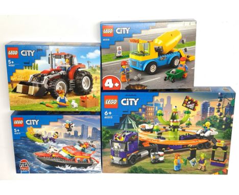 Lego City sets x4, to include set 60313 Space Ride Amusement Truck, 60325 Cement Mixer Truck, 60373 Fire Rescue Boat,b60287 T