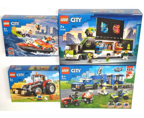 Lego City sets x4, to include set 60388 Gaming Tournament Truck, 60315 Police Mobile Command Truck, 60373 Fire Rescue Boat , 