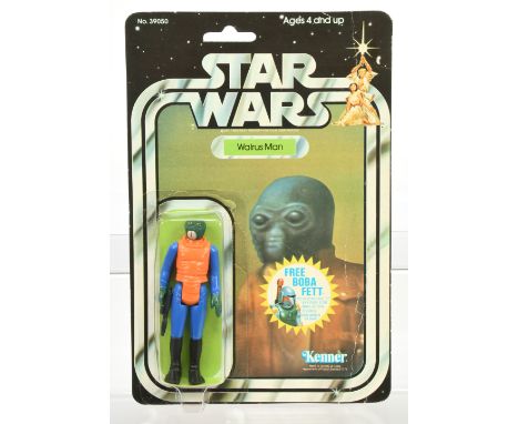 Kenner Star Wars vintage Walrus Man 3 3/4" figure, Mint, within Good Plus (slightly lifting) bubble, upon Fair to Good (creas