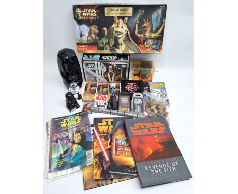 Hasbro, PEZ Star Wars mixed lot of assorted collectibles and books. Fair to GoodJar Jar Board game and Obi-wan kit model not 