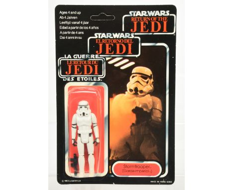 Palitoy Star Wars Return of the Jedi Tri-Logo vintage Stormtrooper 3 3/4" figure, Near Mint, within Good Plus (dented at top)