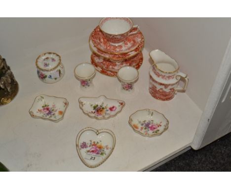 Royal Crown Derby - Posies trinket dishes, two Red Aves teacups, saucers side plates, milk jug