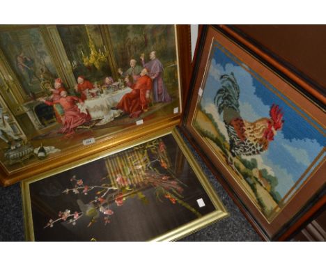 F Burnery, after, Jolly Monks, coloured prints;  embroideries (3)