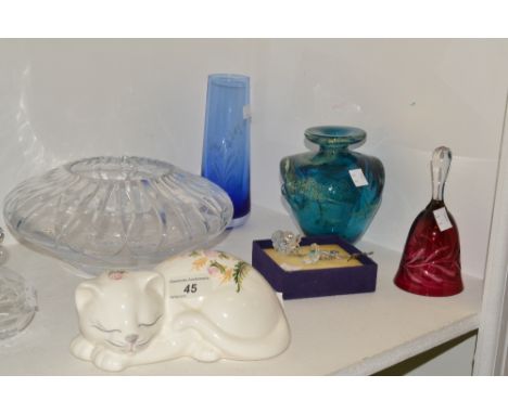 Glassware - a Mdina blue globular vase;  another, similar;  a Caithness blue flash vase, engraved with snowdrops;  ruby glass