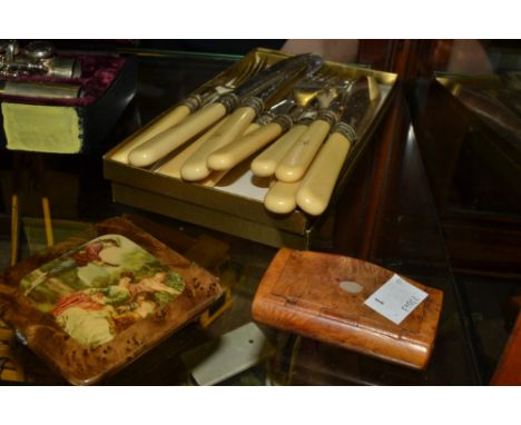 A 19th Century walnut snuff box; fish knives and forks;  etc 
