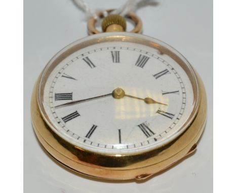A Lady's 18 ct gold open face fob watch, white dial, Roman numerals, button wind movement, stamped 18k, 35mm diam, 33.8g gros