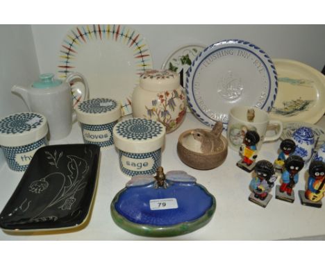 A set of three Poole spice jars, Cloves, Thyme and Sage;  a Royal Doulton Dragonfly dish (faults);  a set of five Robinson Go