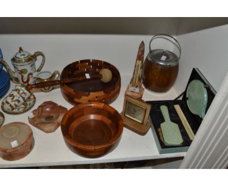 An Alabaster desk thermometer;  a similar ashtray and storage container;  a wooden biscuit barrel;  etc 