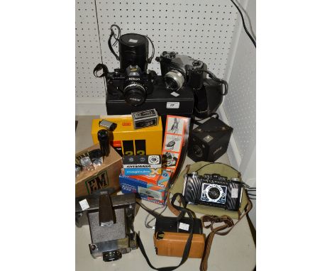 Cameras - Nikon EM SLR camera, Soligor Zoom lens, Sunpak flash gun, cased, c.1980;  a Yashica J5 camera, c.1964;  Agfamatic 4