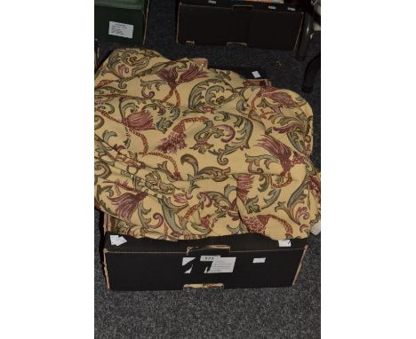 A pair of tapestry patterned curtains, in cream, burgundy and green, 7ft x 10ft wide