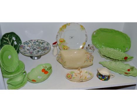 Decorative Ceramics - Carlton Ware cabbage leaf dishes;  novelty dog napkin ring;  Midwinter comport; Wade stylised cat; a Go