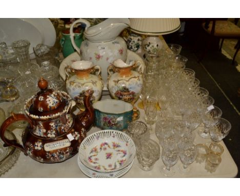 A Bargeware Meamsham teapot, inscribed Thomas Bowler 1876;  a  Swinnertons wash jug and bowl;  cut glassware;  etc