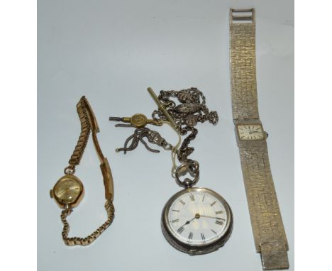 Watches-  a continental 935 silver open face fob watch, white enamel dial, Roman numerals, key wind movement, suspended fron 