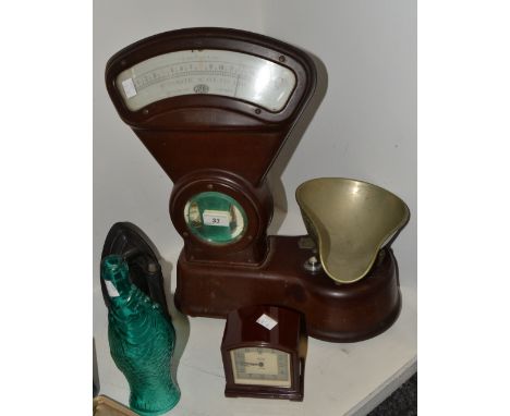 A Set of brown bakelite scales, style no; 1703;  a flat iron ; a Smiths bakelite alarm clock 

