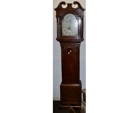 A 19th century oak longcase clock, the arch white painted dial with Roman numerals, subsidiary date aperture, the hood with s