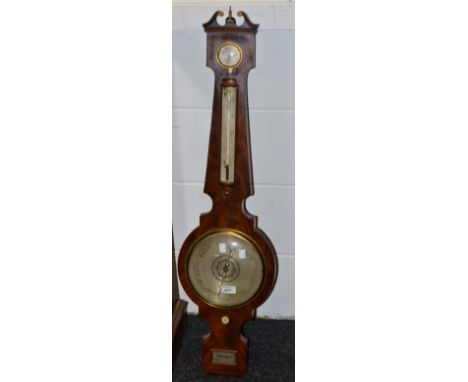 A 19th century mahogany barometer, 20cm silvered dial, the case with swan neck pediment, alcohol thermometer and level inscri
