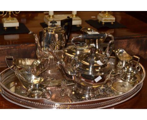 Plated Ware - an EPNS half fluted boat tea service, for four;  an EPNS gallery tray;  coasters;  tea kettle;  etc 