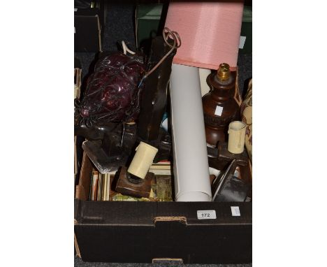 Household - a wooden ceiling light;  side lights;  a pink glass and wirework hall light;  clothes brushes;  etc 