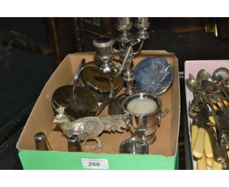 Plated  Ware - a three light candelabrum  coasters,  a table pheasant;  etc 