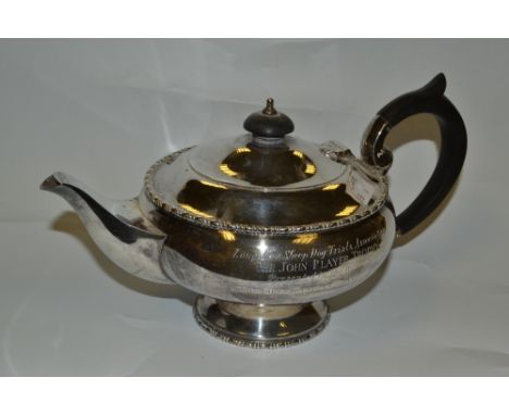 A silver pedestal teapot, egg and dart borders, composite handle and button finial, engraved Longshaw Sheep Dog Trials Associ