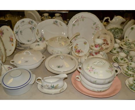 Ceramics;- A Staffordshire tureen and cover, ladle, meat plate etc, printed with pink roses, a Mayfair china part dinner serv