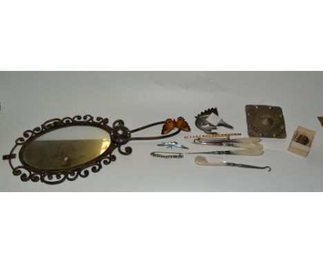 Bijouterie - an enamelled butterfly brooch;  mother-of-pearl button hooks;  brooches;  etc 