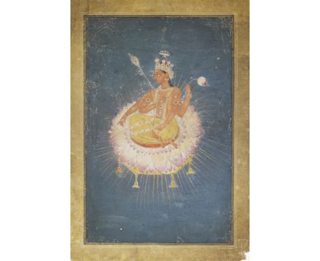 Vishnu seated on a lotus within a sunburst Pahari, Basohli or Guler, mid-18th Centurygouache and gold on paper, brown border 
