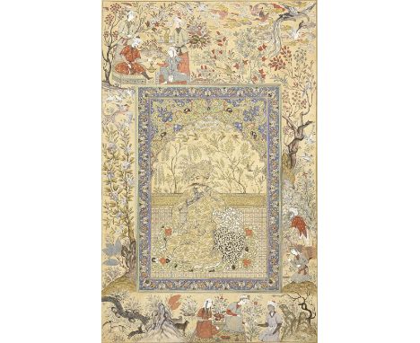 Shah 'Abbas seated on a terrace, by Mehdi al-Imami  Iran, first half of the 20th Centurygouache and gold on paper laid down o