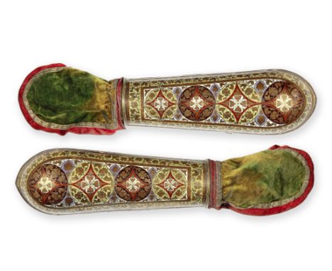 A pair of enamelled brass arm-guards (dastanas) for a European Patron Kashmir, 19th Centuryof typical form, engraved and deco