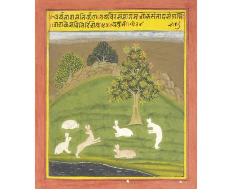 A folio from the Mewari Sakunavali (Book of Omens), depicting hares in a landscape Mewar,  circa 1720gouache and gold on pape