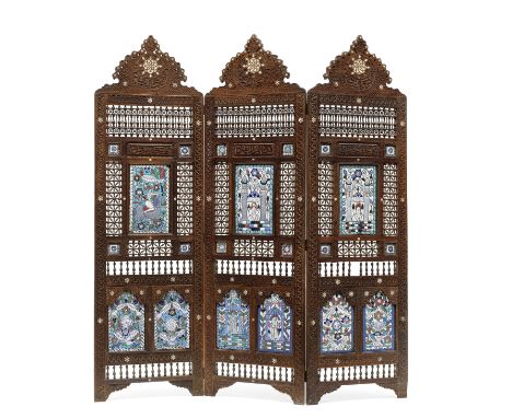 A three-section folding wood mashrabiyya screen with enamelled copper panels Syria, probably Damascus, 19th Centuryinlaid wit