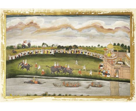 A prince observing an elephant fight from his palace with a large body of infantrymen outside the walls Provincial Mughal, ci