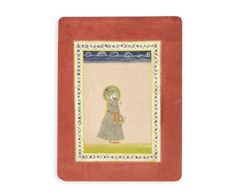 The Mughal Emperor Farrukhsiyar (reg. 1713-19) standing, holding a flower Jaipur, late 18th Centurygouache and gold on paper,