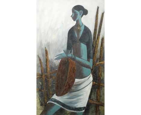 B. Prabha (India, 1933-2001)Woman with Basket signed and dated '62 centre rightoil on board74.5 x 44cm (29 5/16 x 17 5/16in).