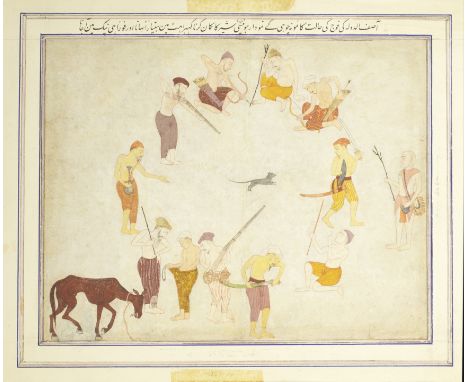 Opium eaters chasing a mouse Mughal, perhaps Oudh, late 18th Centurybrush drawing with some colour on paper, laid down on lig