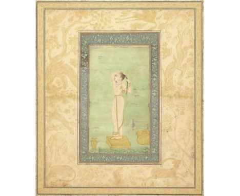 A maiden or courtesan at her toilette Bikaner,  17th Centurygouache and gold on paper, spurious attribution to the Persian pa