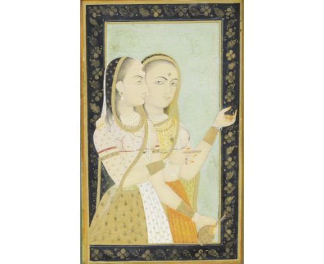 Two courtesans, one holding a wine cup and flask Mughal, circa 1760gouache and gold on paper, gold-decorated floral border, o