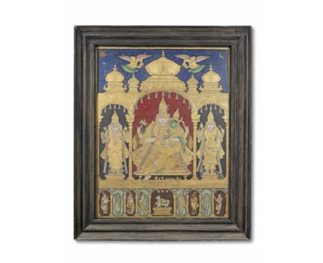 Siva and Parvati enthroned, flanked by Ganesh and Subrahmanya South India, probably Tanjore, late 19th/early 20th Centurygoua
