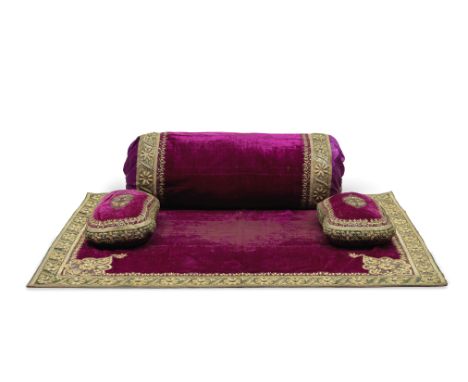 A silk and metal-thread embroidered velvet floor spread and cushions (Gaddi) Rajasthan, late 19th Centurycomprising a floor s