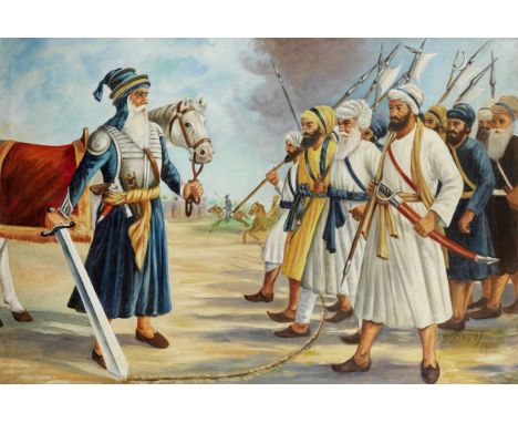 The Sikh hero, Baba Deep Singh, confronting an opposing Afghan army, by the artist Bodhraj Punjab, 1984oil on canvas, signed 