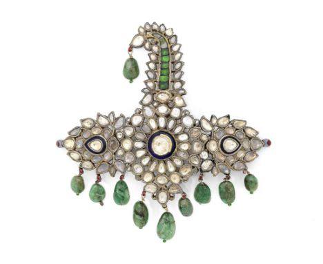 A gem-set enamelled gold turban ornament (jigha) North India, 19th Centurythe central element in the form of a flowerhead sur