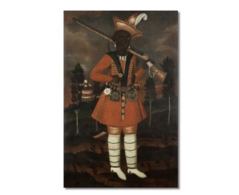 A rare Safavid oil painting of an African soldier Persia, Isfahan, circa 1680-90oil on canvas, affixed with a fragmentary old