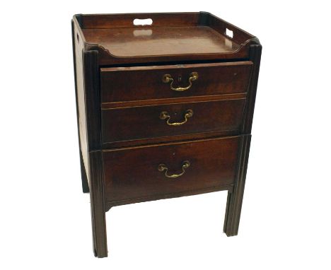George III mahogany tray top commode. Fall down flap decorated with two faux drawers, lower section with pullout drawer to ac