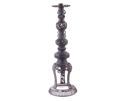 Japanese bronze candle stick, late Meiji period, 58cm high CONDITION REPORT: Solder repairs to one leg, the socle detached bu