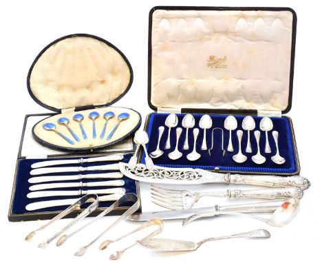 A selection of silver, to include a cased set of silver and enamel coffee spoons by Henry Matthews, a cased set of teaspoons 