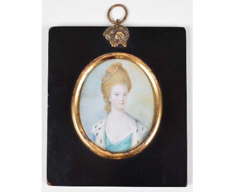 Unsigned, identified and with armorial on verso, oval, watercolour on ivory in ebonised rectangular frame with gilt metal mou