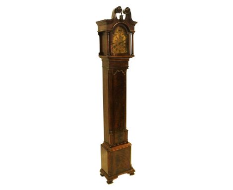 A well made miniature longcase clock, 8-day movement striking on a single bell, arched brass dial, case with swan-neck pedime