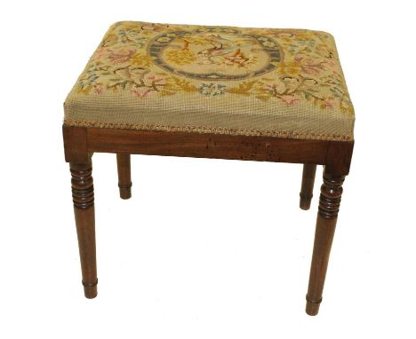 Early 19th-century mahogany stool, rectangular woolwork seat, decorated with exotic birds in garden setting, mahogany frame w