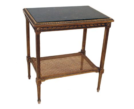 Early 20th-century French occasional table, rectangular marble inset, four square section legs supporting single caned shelf.