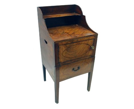 George III mahogany commode table, galleried back with slender shelf, single door with oval inlay matching lower drawer openi